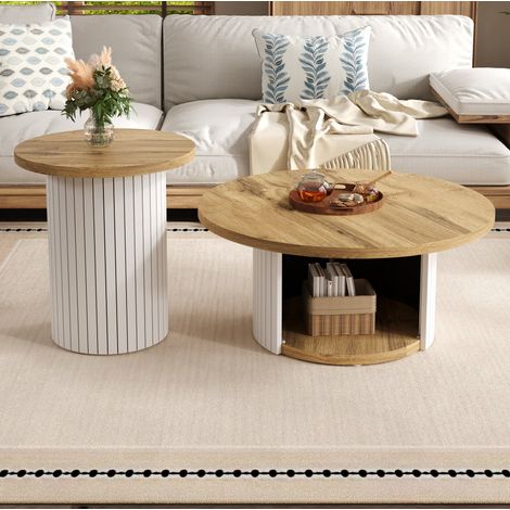 Set di tavolini da caffè 75x75x50 + 45x45x35 cm naturale in MDF con contenitore e design rotondo (1/5)
