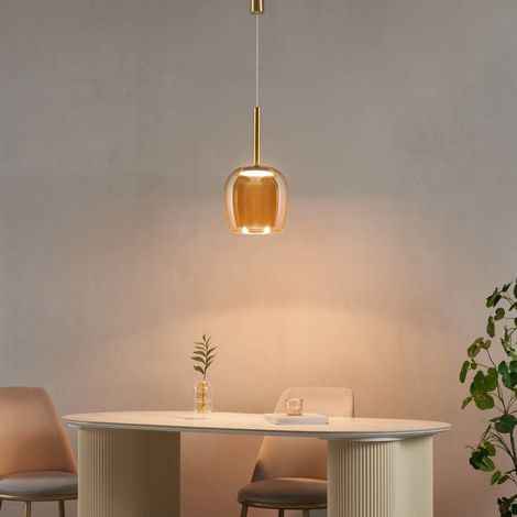 Suspension raffinée cloche dorée verre ambré LED intégrée - Eriska (1/5)