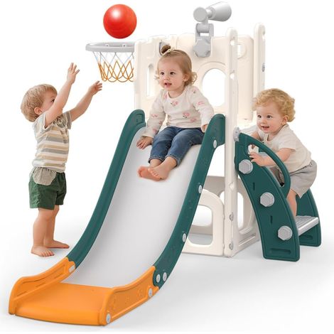 Children's Slide, 5 in 1 Indoor Outdoor Slide, Children's Playground with Basketball Basket, Storage and Telescope, Children's Playground for Ages 1 Years, Green (1/5)