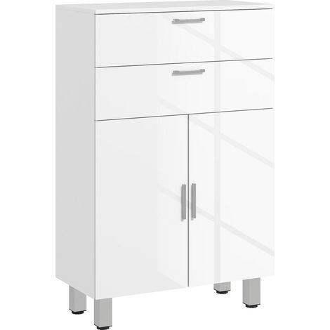 Rangement quotidien facile, meuble de salle de bain blanc en bois avec 2 tiroirs et étagère réglable (1/5)