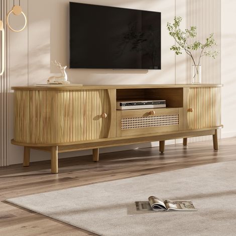 Meuble TV en rotin 165x37x46 cm - 2 portes et 1 tiroir en rotin - Style campagnard - MDF - Naturel