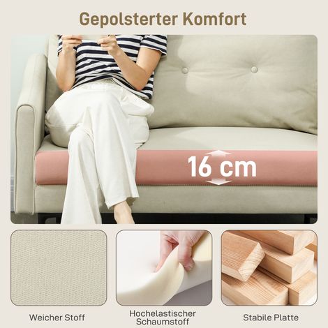Canapé 2 places en tissu blanc crème, assise rembourrée en mousse, structure métallique, idéal pour salon ou chambre (1/4)