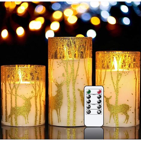 Flackernde, flammenlose Glaskerzen mit Timer und Fernbedienung, 3er-Pack, Gold