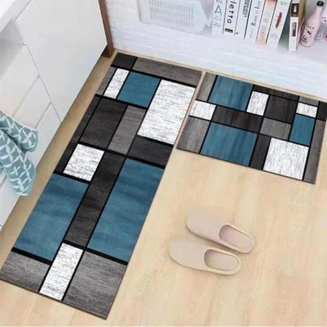 Lot de 2 Tapis Cuisine - Absorbant Antidérapant Tapis Salon Salle Bain - 40 x 60cm et 40 x 120cm - Rectangle Bleu Gris (1/2)