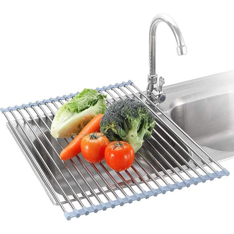 Égouttoir vaisselle enroulable acier inox 45,2x30 cm, pliable plan de travail/évier (1/4)