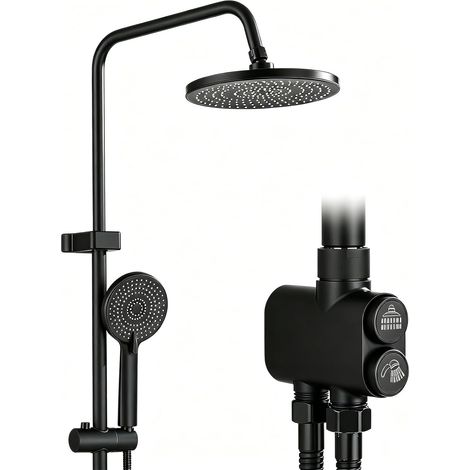 Shower Riser Rail Kit Black 10" Round Rainfall Shower Head and 3 Jet Types Handheld Shower and Hose Set Without Tap Height Adjustable Shower Set (1/5)
