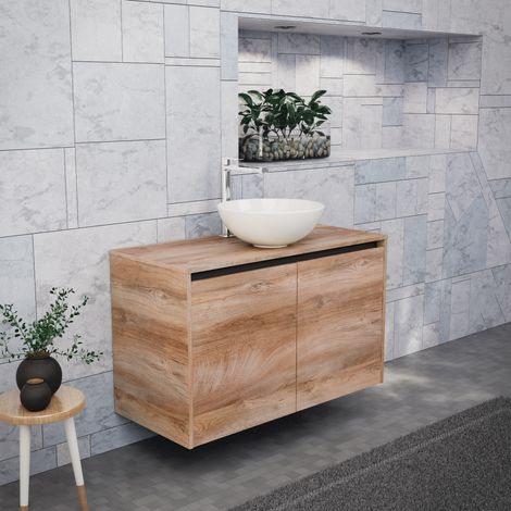 Inda - Badezimmerschrank B.100 mit Aufsatzwaschbecken / Natureiche 2 Türen - Saphir (1/5)