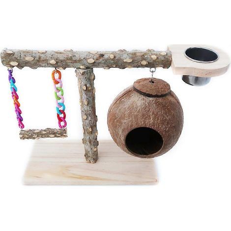 Vogelspielplatz, Tischständer aus Naturholz mit Schaukel, Futternapf und Nest
