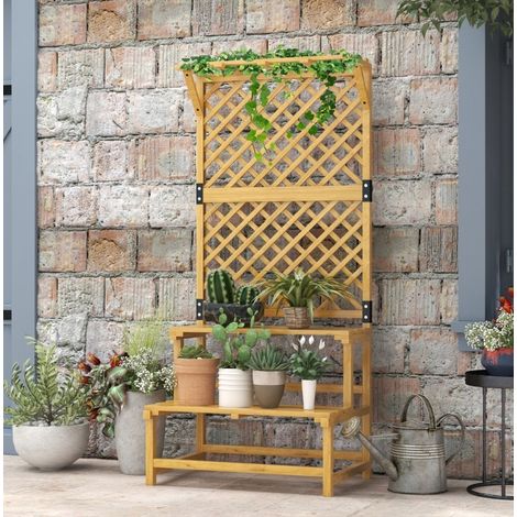 Étagère à plantes 75x50x166 cm jaune en bois avec treillis et toit suspendu (1/5)