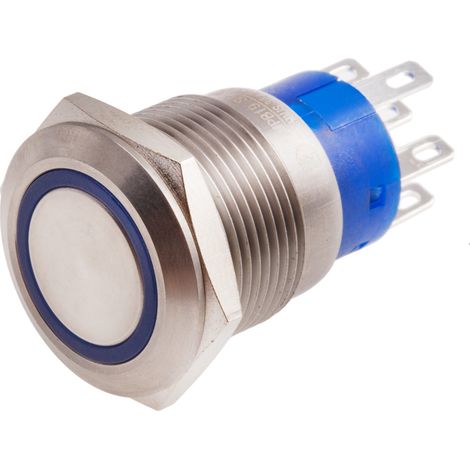 Bouton-poussoir, Momentané lumineux, LED Bleu, 5 A, Argent, Montage panneau 12V ( Prix pour 1 ) (1/2)