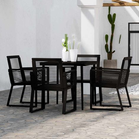 Ensemble de salle à manger de jardin 5 places – Table carrée en verre et acier + 4 chaises en rotin PVC noir – Mobilier extérieur (1/5)