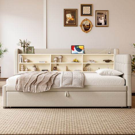 Sofá cama extensible de 90x200 cm con respaldo retro acolchado, USB y tipo C, varias baldas y estructura de MDF, ideal para salón o dormitorio pequeño CHICFURN (1/5)