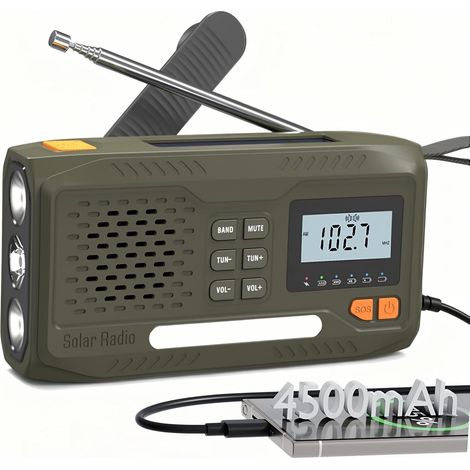Radio Survie, Radio Solaire Portable à Piles avec Batterie Rechargeable 4500mAh, AM/FM à Manivelle, Écran, Kit d'urgence avec Lampe, Alarme SOS et Le Chargement d'urgence du Téléphone Intelligent (1/5)