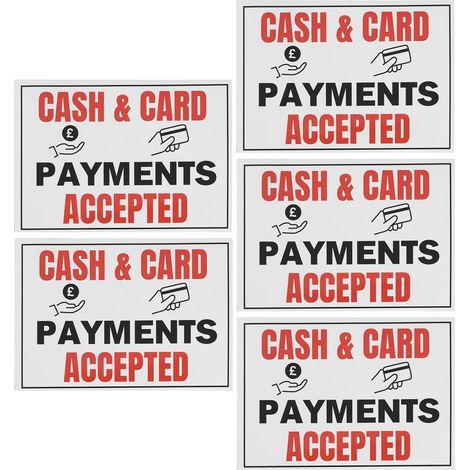 Pack of 5 single-sided waterproof stickers for cash and card payments - 148 x 105 mm - Suitable for most smooth, dry surfaces (1/5)
