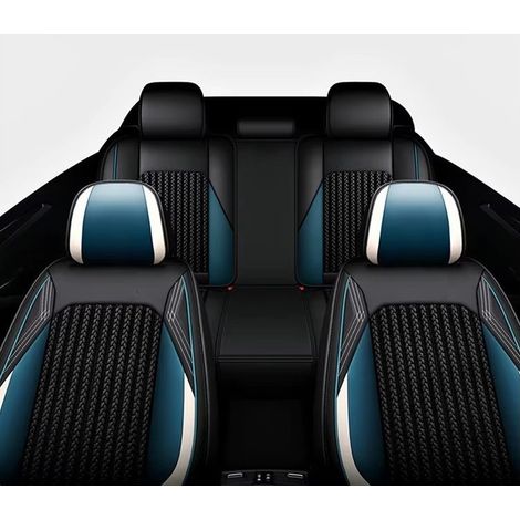 Komplettset luxuriöser Universal-Sitzbezüge aus Leder mit Textil, schwarz mit weißem und blauem Akzent, für Vorder- und Rücksitz
