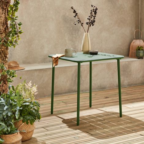 Table de jardin métal 2 places. vert. Amelia. 70x70cm. traitement antirouille. lattes et bords arrondis (1/5)