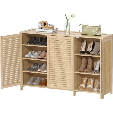Meuble à chaussures en bambou 18 paires, armoire à chaussures avec portes persiennes et étagères réglables, bois naturel (1/5)