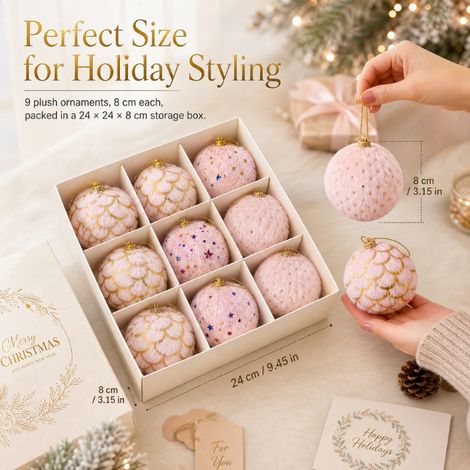 Décorations boules de Noël peluche rose, 3 motifs dorés, coffret cadeau pour Noël (1/5)