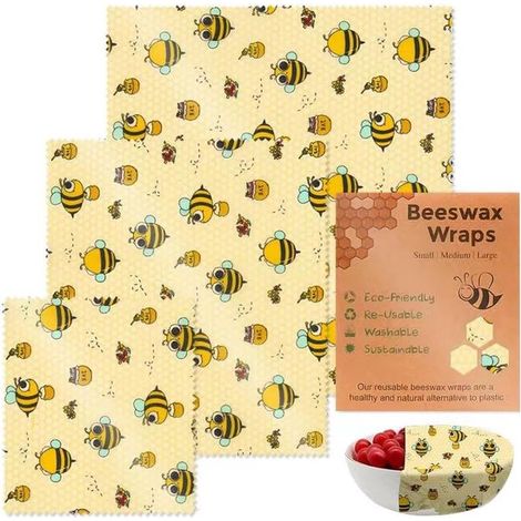 Envoltorios de cera de abeja，Envoltorios reutilizables，Película de cera de abeja，Tela de cera de abeja，Bolsa para sándwiches，Juego de 3 (S/M/L) (1/5)
