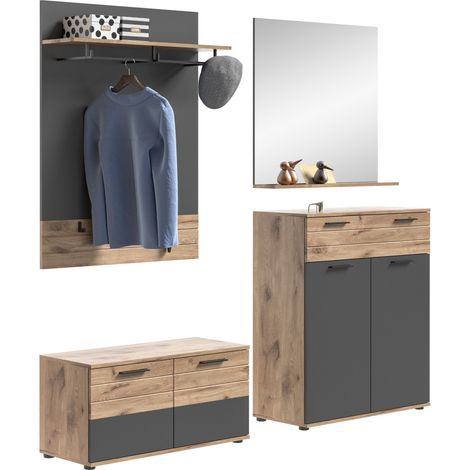 Set di mobili per ingresso: mobile per scarpe + buffet + specchio + attaccapanni – Grigio antracite e rovere chiaro – SELMA