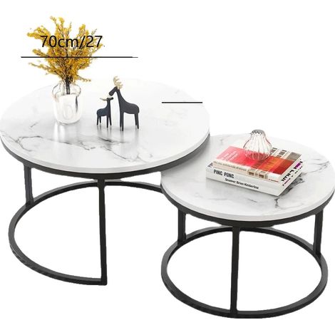 Table basse, design rond, style moderne, Cadre noir - Marbre blanc (1/2)
