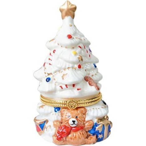 Ceramic Christmas tree candle holder, hand-painted bear jewelry box, hinged jewelry organizer, Christmas decoration for home and gifts, white (1/5)