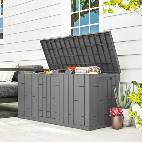 Coffre rangement extérieur Bois Gris 227 L verrouillable vérin gaz aspect 106,5x43x54,5 cm