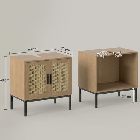 Meuble vasque de salle de bain de style bohème, armoire de salle de bain, éléments en rotin, découpe en forme de U, chêne (1/5)