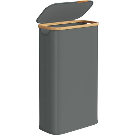 Panier à Linge avec Couvercle, Corbeille Fine, en Tissu Oxford, Pliable, Cadre en Bambou, pour Buanderie, Chambre, Salon, 70 L, 42 x 22,5 x 70,5 cm, Gris Ardoise (1/5)