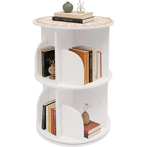Bibliothèque rotative à 2 niveaux, blanche, sur pied à 360°, avec 8 compartiments ouverts et revêtement latéral haut, étagère pivotante en PVC peu encombrante pour salon, chambre à coucher (1/5)