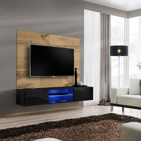 Ensemble Meuble TV 2 Portes "Switch" 180cm Noir & Naturel