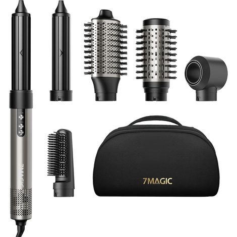 Air Styler 6 en 1, Sèche-Cheveux Ionique, Boucleur Auto, sans chaleur forte Brosse Coiffante, Effet Coanda, Séchage Rapide, Volume, Lissage, Boucles, Étui de Voyage, Salon à la Maison, Argent