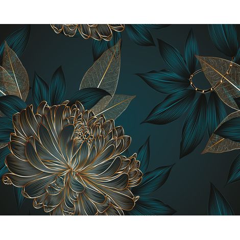 Papier peint panoramique fleurs bleu profond – 350 x 279 cm – Intissé écologique – Pose facile sans table à tapisser (1/5)