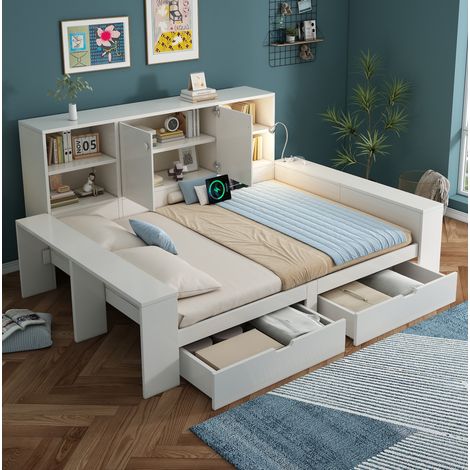 Lit double 140x200 cm avec 2 tiroirs, ports USB et Type-C, liseuse, en bois, blanc, sans matelas (1/5)