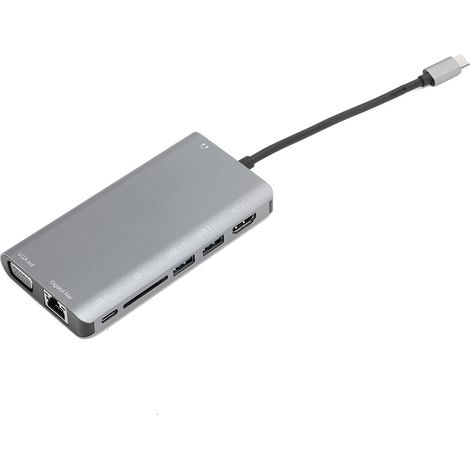 Station d'accueil USB-C 8-en-1 pour ordinateur portable avec HDMI, VGA, USB 3.0 et audio, couleur gris argent.