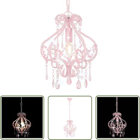 The Living Store Plafonnier avec perles Rose Rond E14 - Luminaire Suspendu - Lampadaire - Plafond Rose - Luminaire Moderne - Décoration Intérieure (1/5)