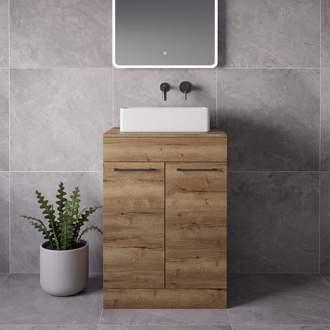Napoli 460 Tobacco Oak 600mm 2 Door Vanity Unit for Countertop Basins - 600mm - Gunmetal Grey 160mm Handle