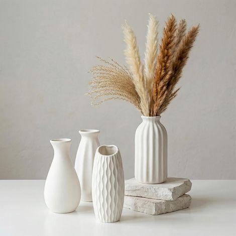 Lot de 4 petits vases en céramique blanche, nervurés – style bohème rustique, parfaits pour table et étagères (1/5)
