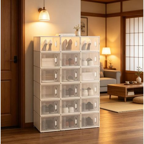 Mueble zapatero modular apilable, 18 cajas transparentes y blancas de plástico, DESVIAE (1/5)