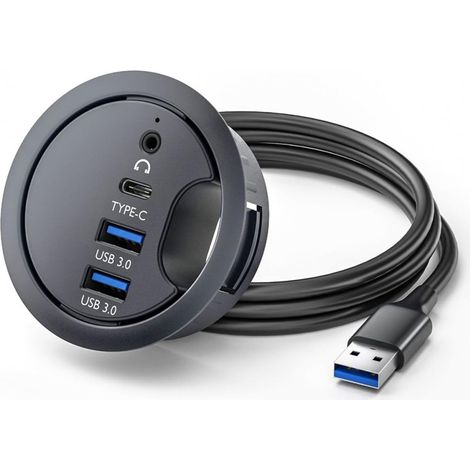 USB 3.0 Hub Carte son USB-C 2 ports USB 60 mm Passe-câble de bureau Répartiteur Station d'accueil Casque Micro Interface audio pour PC de bureau (1/5)