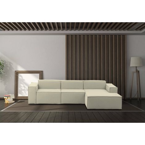 Dmora - Canapé fixe Ddzek, Canapé modulable 3 places avec péninsule droite, 100% Made in Italy, Canapé moderne en tissu, Cm 300x170h70, Beige (1/5)