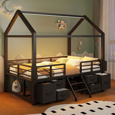 MODFU – Cama alta infantil 90x200 cm de metal/MDF con techo cabaña, LED, cajones de tela y carga 120 kg – Negro (1/5)