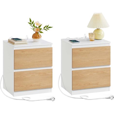 Mesita de noche con regleta mesa auxiliar con 2 cajones 2 tomas de CA 2 puertos USB-A para salón dormitorio oficina beige moderno 120007608