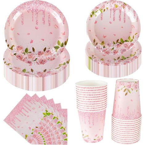 Service de table de fête 100 pièces avec assiettes, gobelets et serviettes en carton rose pastel, pour 25 invités (1/5)