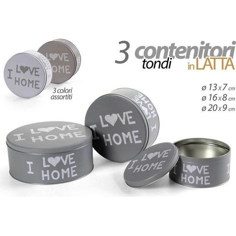 TRADE SHOP - Set 3pz Contenitori In Latta Barattolo Cucina Tondo Assortiti I Love Home 710513 - (1/3)