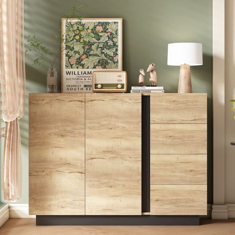 Aparador 120 x 35,5 x 90,5 cm con 4 cajones y 2 puertas negro y madera natural OKMYHOME (1/5)