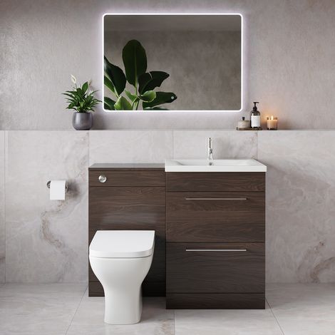 Napoli 460 Brown Oak 1100mm 2 Drawer Vanity Unit Toilet Suite with Glide Basin - 1100mm - Chrome 320mm HandleWith Kingston Toilet Pan and Seat
