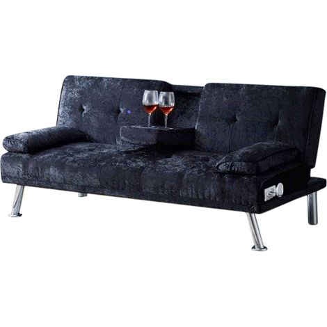 Crushed Velvet Sofa Bed with Drink Cup Holder and Bluetooth in Black