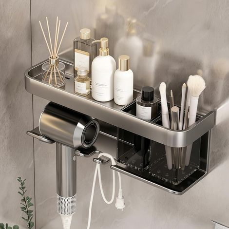 Support pour sèche-cheveux sans perçage avec porte-brosse à dents Support mural autocollant pour salle de bain, sèche-cheveux, salle de bain, barbier, hôtel (1/5)