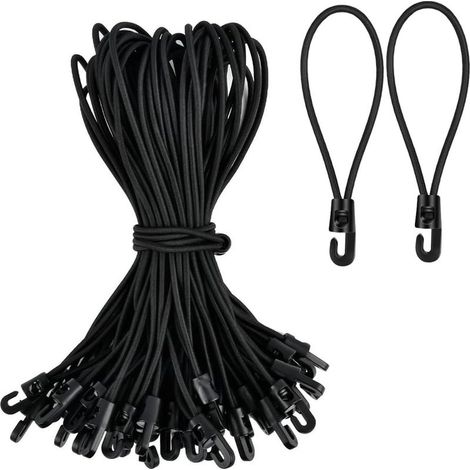 Lot de 15 tendeurs élastiques avec Crochets 10 cm, Sandow élastique, Tendeur de Bâche Corde élastique Boucles Extensibles Noires avec Crochet en Plastique pour Bâches, Tentes et Tarps (1/5)
